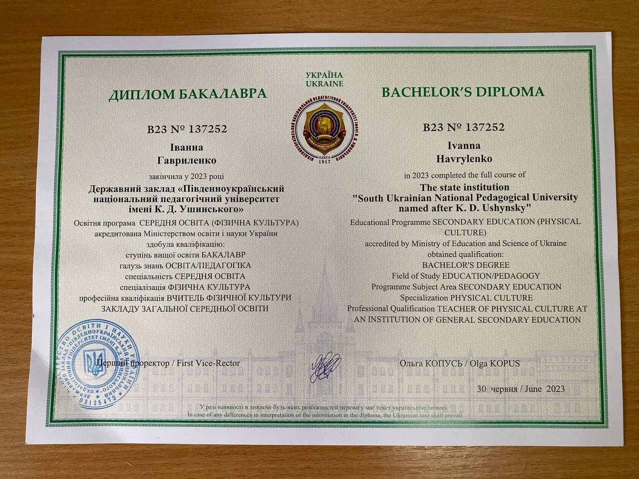 Гавриленко Иванна Руслановна Диплом бакалавра